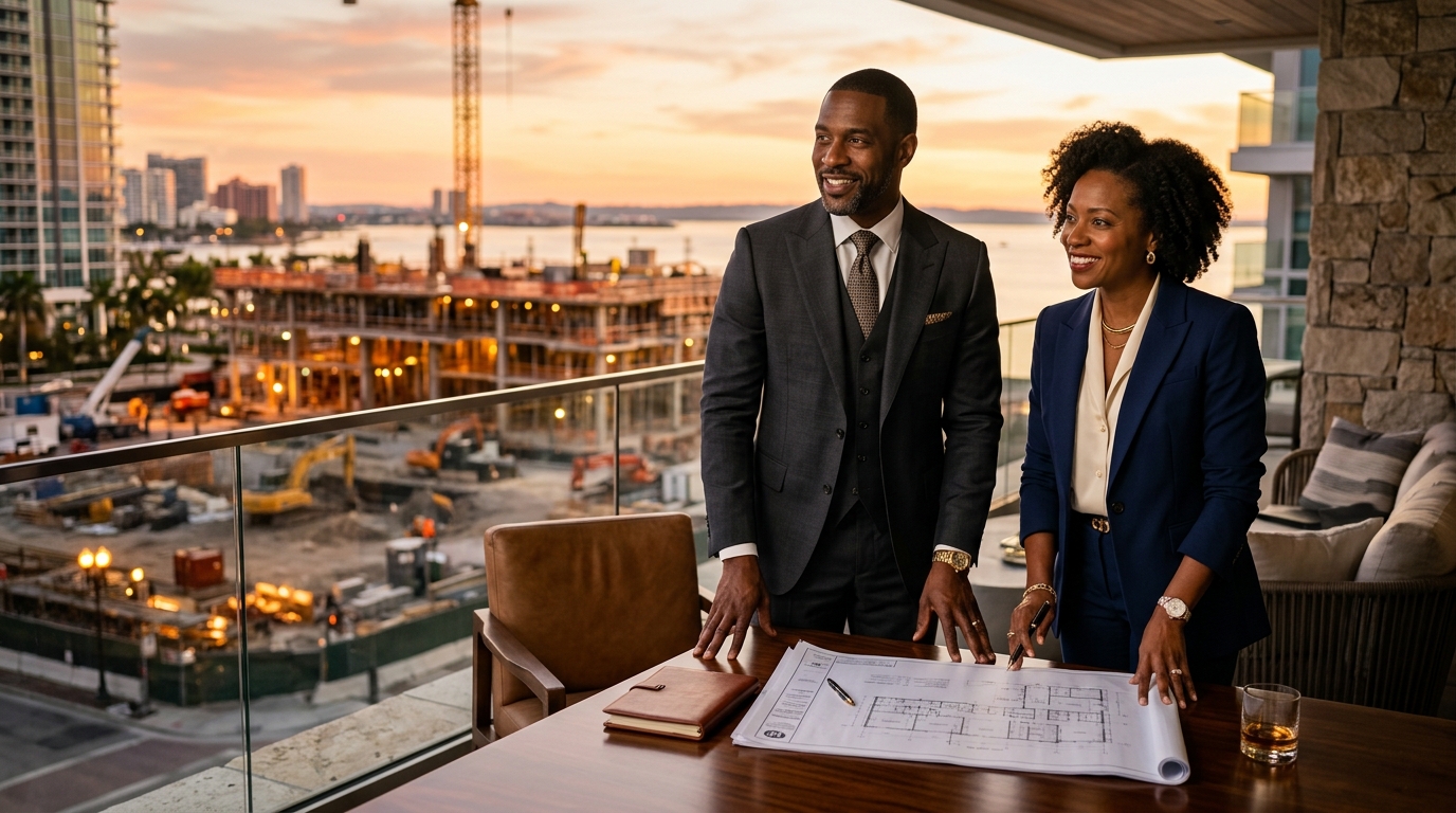 Byron Kizzie and Melynda Kizzie reviewing architectural development plans at golden hour, L5 Legacy Capital